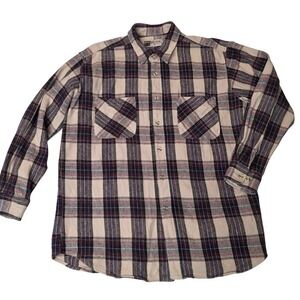Big Mac Heavy Flannel Shirt Mens Large Cream Burgundy Plaid Cotton Workwear GUC